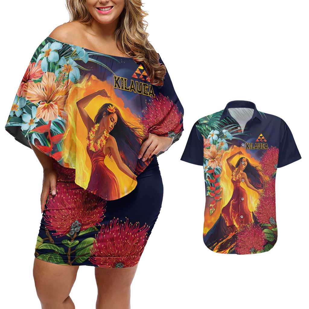 Hawaii Kilauea Big Islands Couples Matching Off Shoulder Short Dress and Hawaiian Shirt Pele Goddess With Tropical Flowers LT14 Art - Polynesian Pride