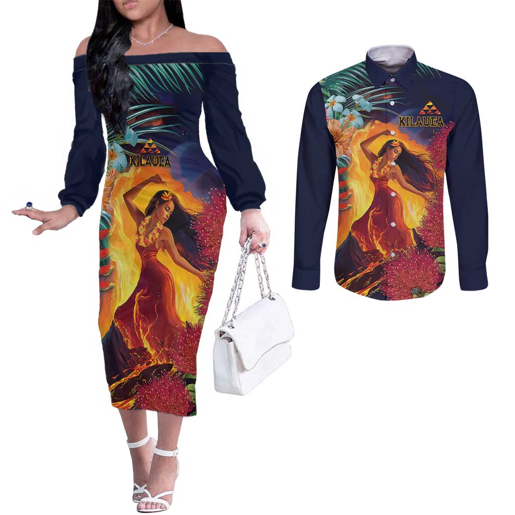 Hawaii Kilauea Big Islands Couples Matching Off The Shoulder Long Sleeve Dress and Long Sleeve Button Shirt Pele Goddess With Tropical Flowers LT14 Art - Polynesian Pride