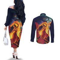 Hawaii Kilauea Big Islands Couples Matching Off The Shoulder Long Sleeve Dress and Long Sleeve Button Shirt Pele Goddess With Tropical Flowers LT14 - Polynesian Pride