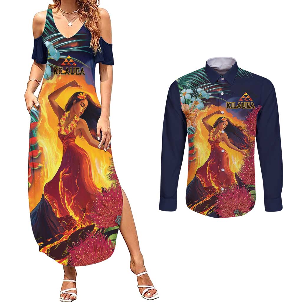 Hawaii Kilauea Big Islands Couples Matching Summer Maxi Dress and Long Sleeve Button Shirt Pele Goddess With Tropical Flowers LT14 Art - Polynesian Pride