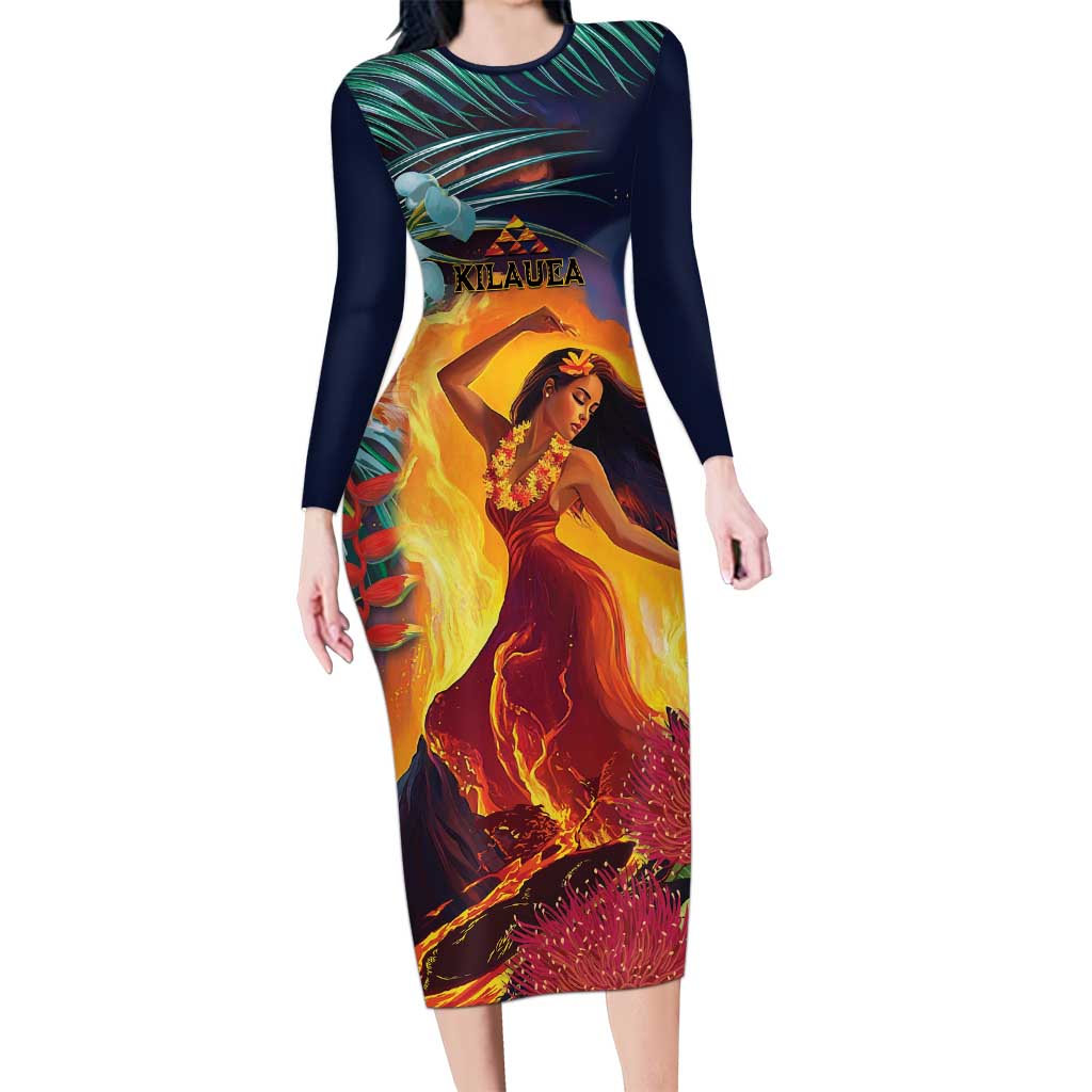 Hawaii Kilauea Big Islands Family Matching Long Sleeve Bodycon Dress and Hawaiian Shirt Pele Goddess With Tropical Flowers LT14 Mom's Dress Art - Polynesian Pride