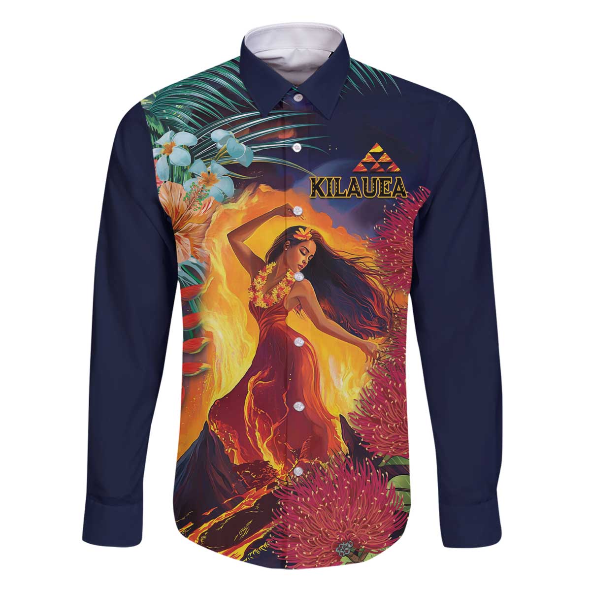 Hawaii Kilauea Big Islands Family Matching Off The Shoulder Long Sleeve Dress and Hawaiian Shirt Pele Goddess With Tropical Flowers LT14 Dad's Shirt - Long Sleeve Art - Polynesian Pride
