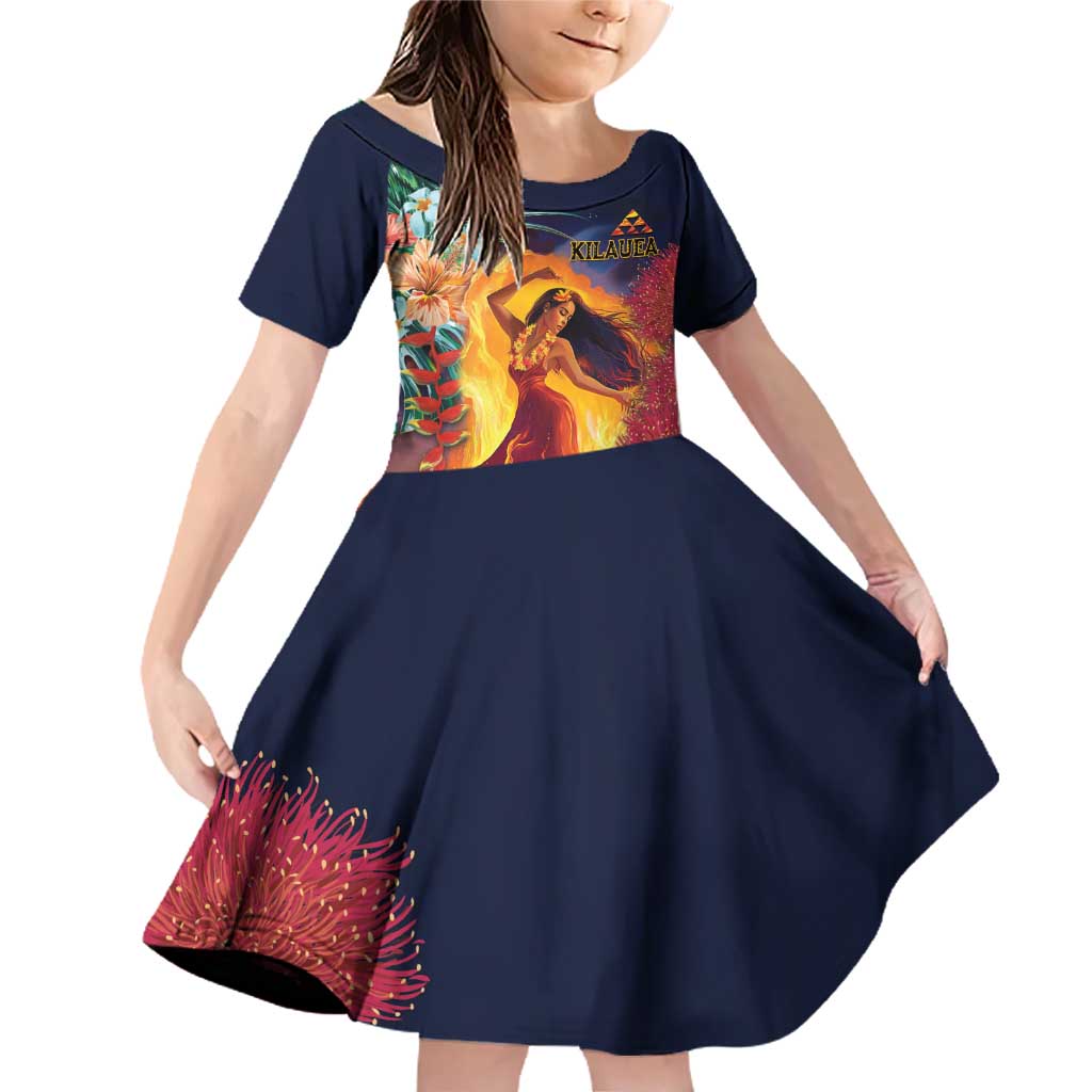 Hawaii Kilauea Big Islands Family Matching Off Shoulder Short Dress and Hawaiian Shirt Pele Goddess With Tropical Flowers LT14 Daughter's Dress Art - Polynesian Pride