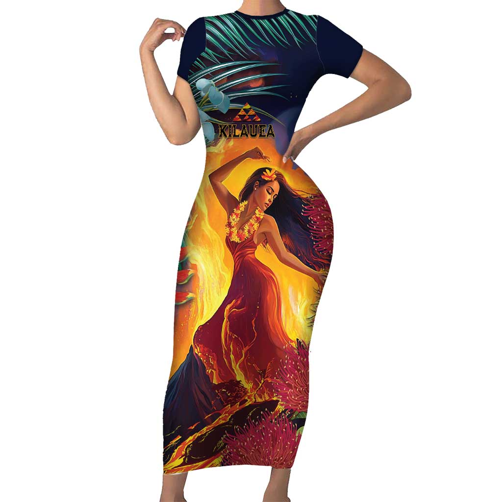 Hawaii Kilauea Big Islands Family Matching Short Sleeve Bodycon Dress and Hawaiian Shirt Pele Goddess With Tropical Flowers LT14 Mom's Dress Art - Polynesian Pride