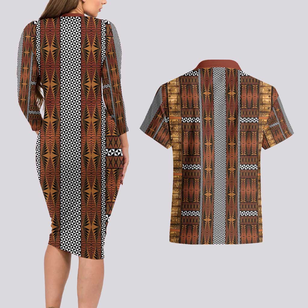 Malo e Lelei Tonga Couples Matching Long Sleeve Bodycon Dress and Hawaiian Shirt Tongan Ngatu Tapa Cloth - Polynesian Pride