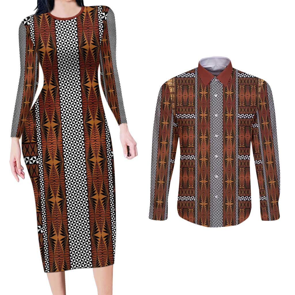 Malo e Lelei Tonga Couples Matching Long Sleeve Bodycon Dress and Long Sleeve Button Shirt Tongan Ngatu Tapa Cloth - Polynesian Pride