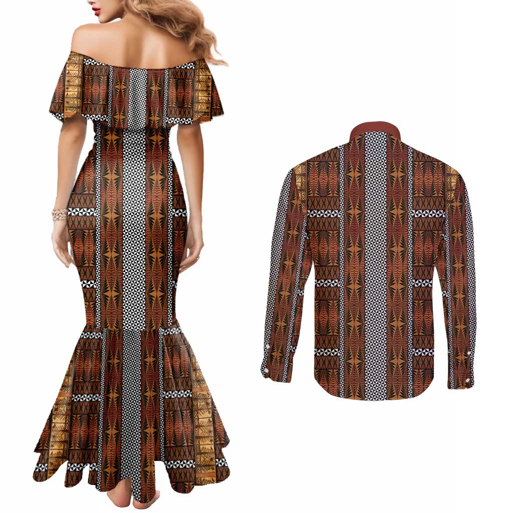 Malo e Lelei Tonga Couples Matching Mermaid Dress and Long Sleeve Button Shirt Tongan Ngatu Tapa Cloth - Polynesian Pride