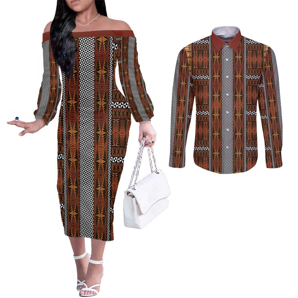 Malo e Lelei Tonga Couples Matching Off The Shoulder Long Sleeve Dress and Long Sleeve Button Shirt Tongan Ngatu Tapa Cloth - Polynesian Pride