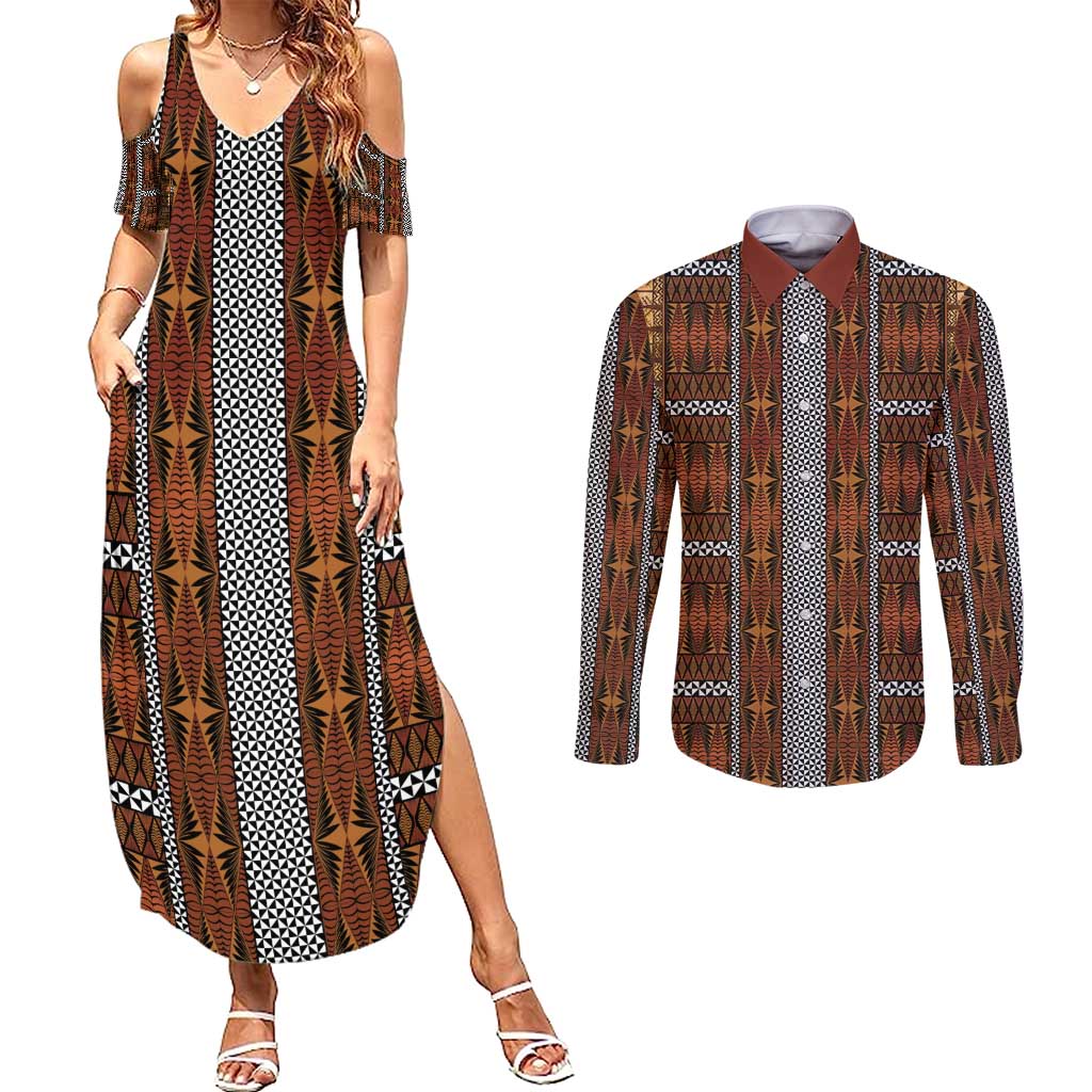 Malo e Lelei Tonga Couples Matching Summer Maxi Dress and Long Sleeve Button Shirt Tongan Ngatu Tapa Cloth - Polynesian Pride