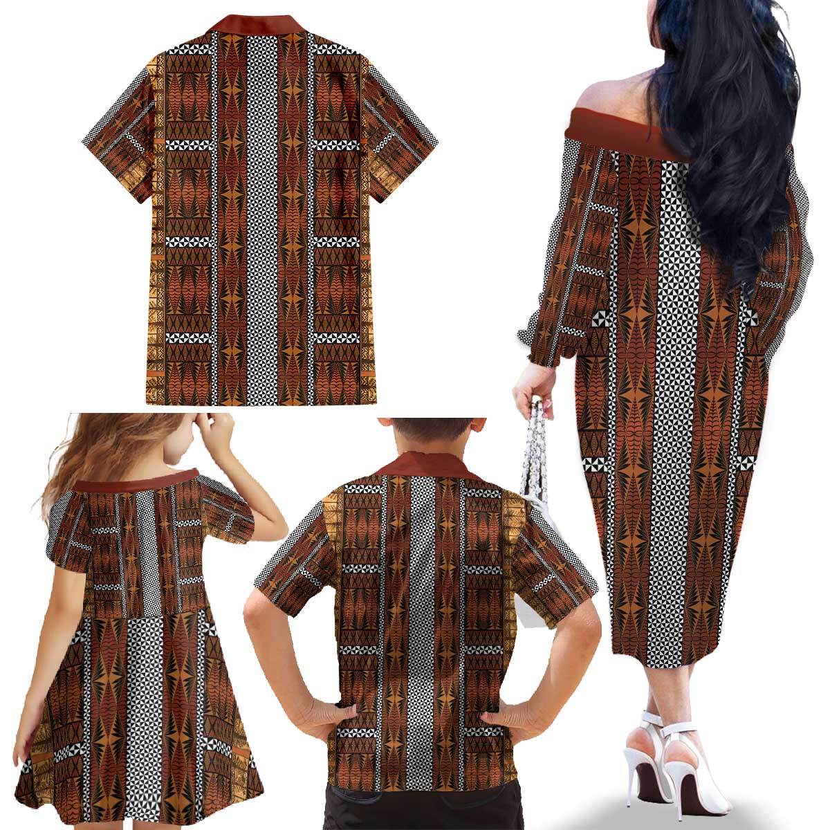 Malo e Lelei Tonga Family Matching Off The Shoulder Long Sleeve Dress and Hawaiian Shirt Tongan Ngatu Tapa Cloth LT14 - Polynesian Pride