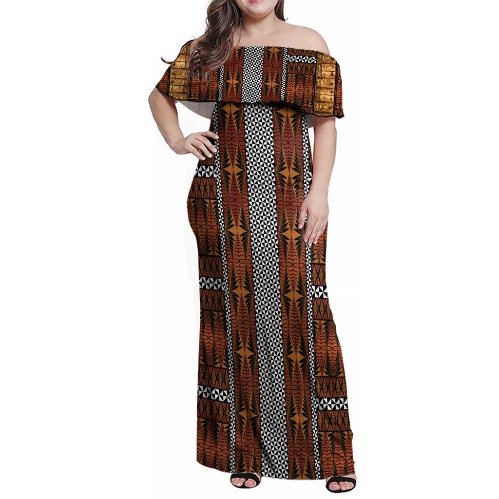 Malo e Lelei Tonga Family Matching Off Shoulder Maxi Dress and Hawaiian Shirt Tongan Ngatu Tapa Cloth LT14 Mom's Dress Orange - Polynesian Pride
