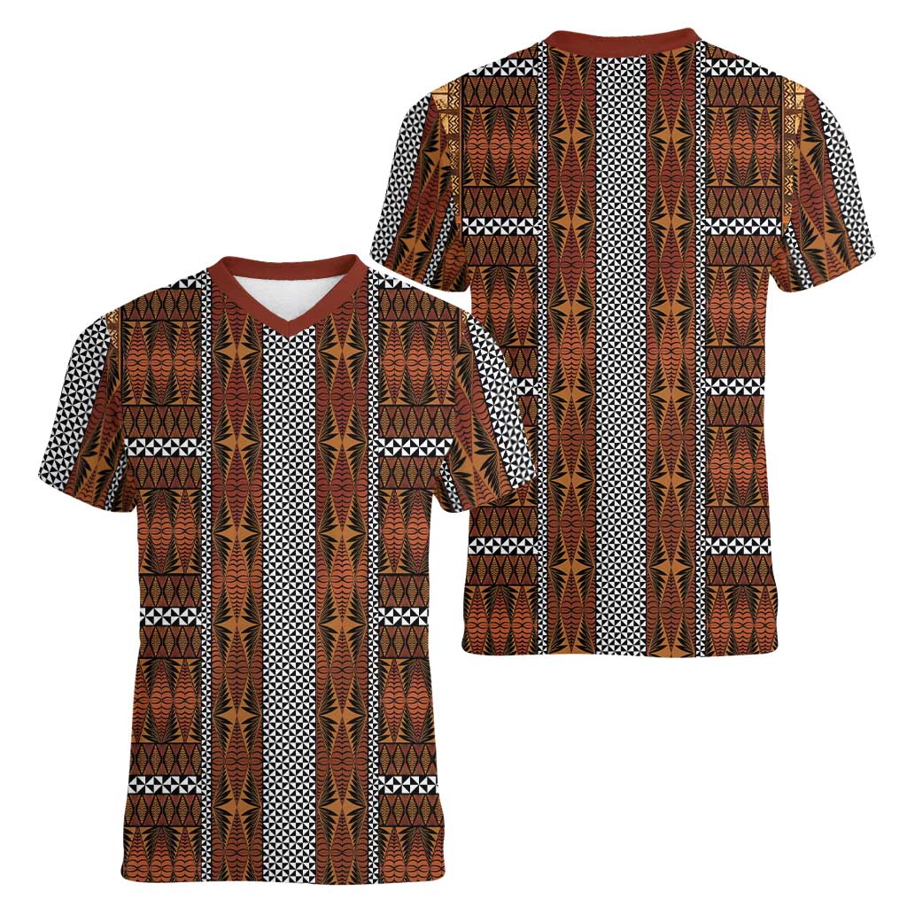 Malo e Lelei Tonga Women V-Neck T-Shirt Tongan Ngatu Tapa Cloth - Polynesian Pride