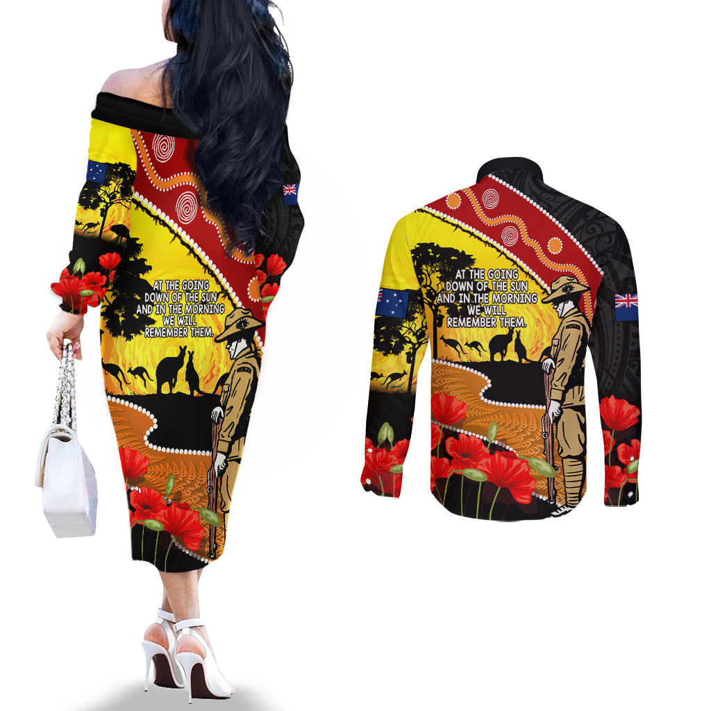 New Zealand And Australia ANZAC Day Couples Matching Off The Shoulder Long Sleeve Dress and Long Sleeve Button Shirt Aboriginal Maori Starring Night Style LT14 - Polynesian Pride