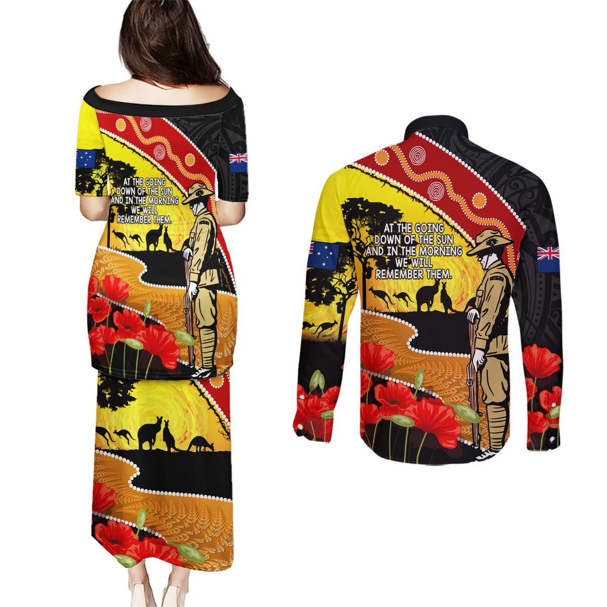 New Zealand And Australia ANZAC Day Couples Matching Puletasi and Long Sleeve Button Shirt Aboriginal Maori Starring Night Style LT14 - Polynesian Pride