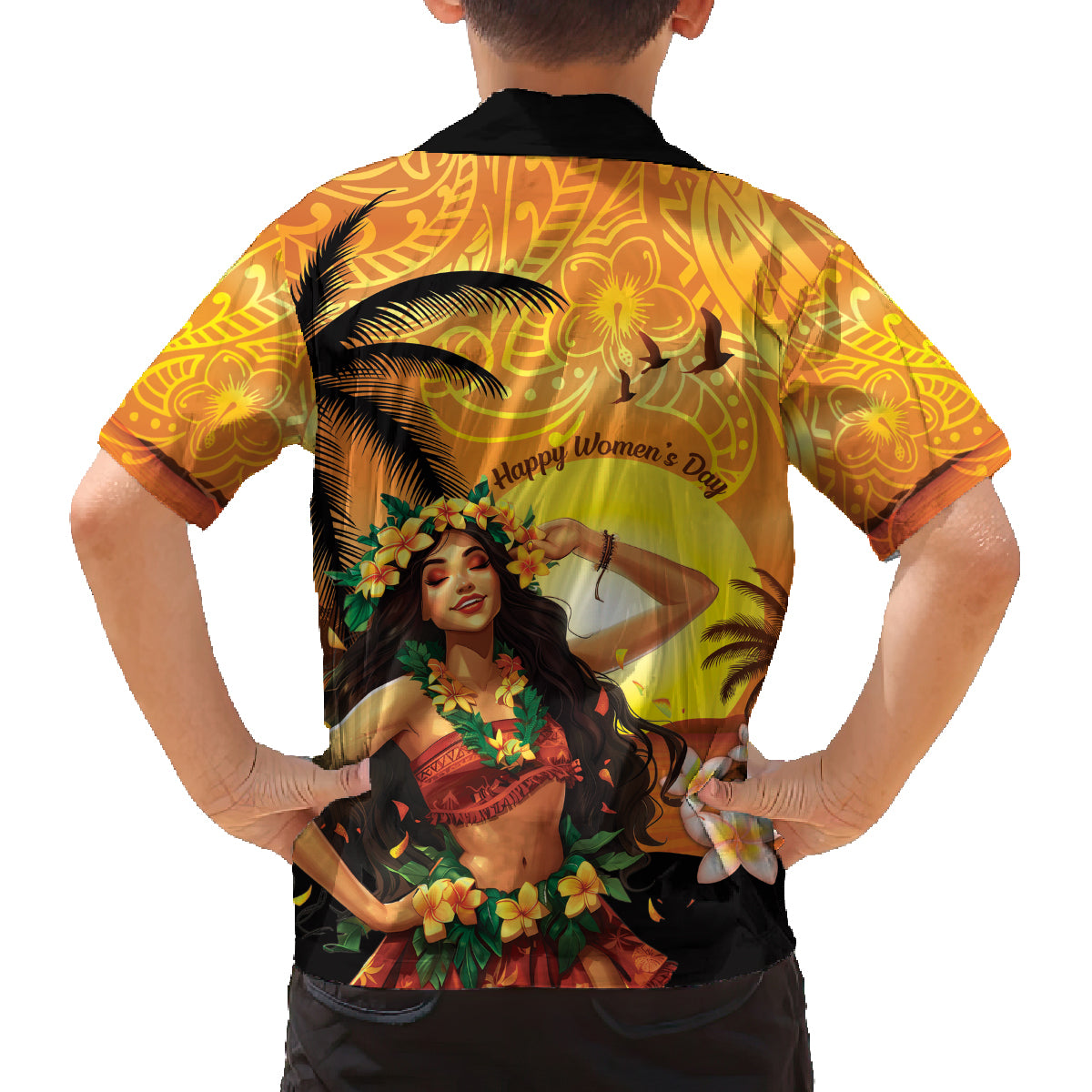 Aloha Hawaii Women's Day Family Matching Off Shoulder Long Sleeve Dress and Hawaiian Shirt Hula Girl With Sunset Vibes LT14 - Polynesian Pride