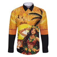 Aloha Hawaii Women's Day Family Matching Off Shoulder Maxi Dress and Hawaiian Shirt Hula Girl With Sunset Vibes LT14 Dad's Shirt - Long Sleeve Yellow - Polynesian Pride