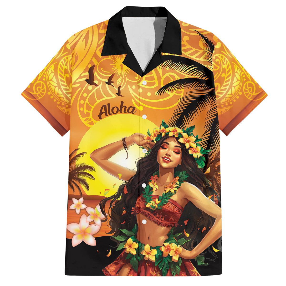 Aloha Hawaii Women's Day Family Matching Puletasi and Hawaiian Shirt Hula Girl With Sunset Vibes LT14 Dad's Shirt - Short Sleeve Yellow - Polynesian Pride