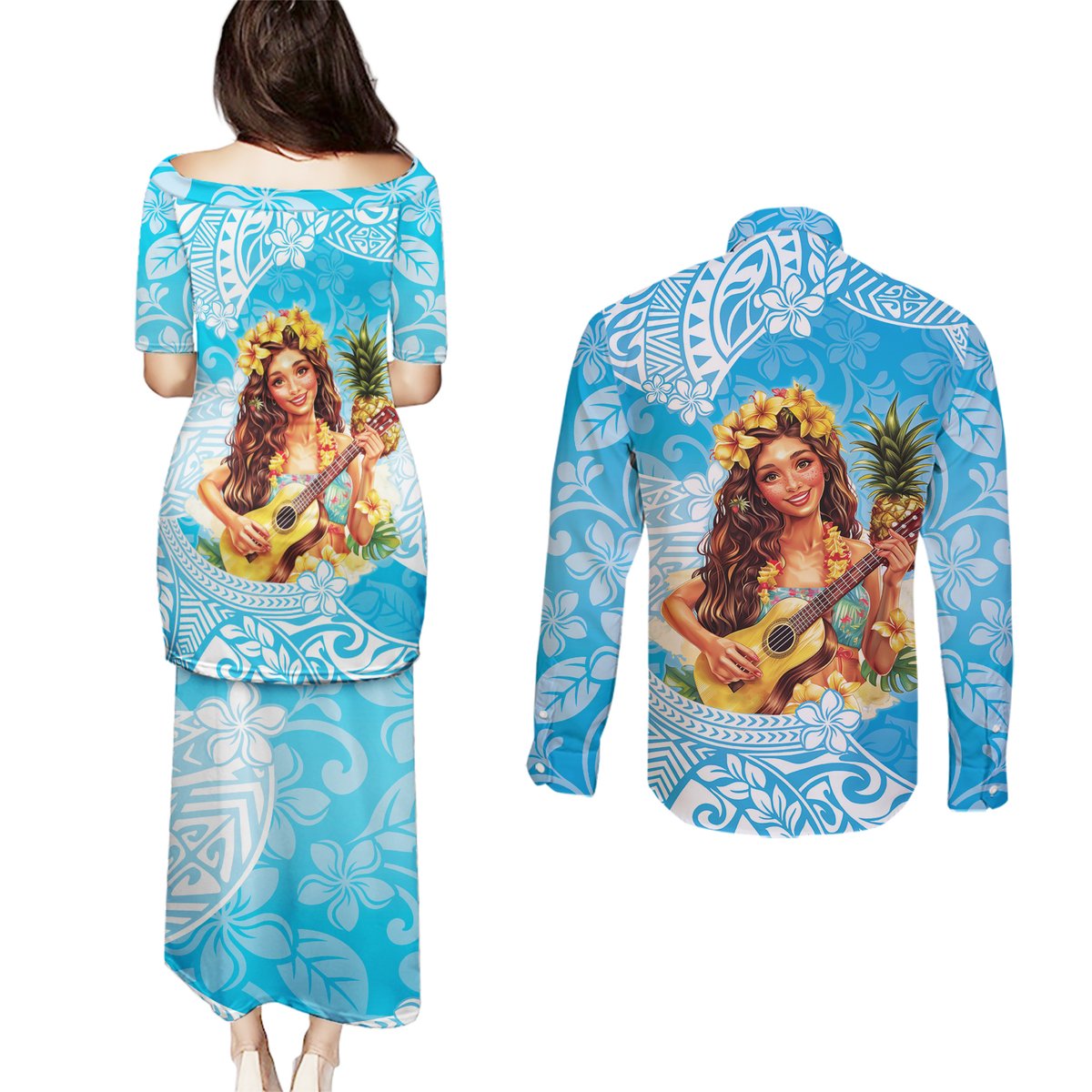 Aloha Hawaii Women's Day Couples Matching Puletasi and Long Sleeve Button Shirt Hula Girl With Ukulele Tropical Style LT14 - Polynesian Pride