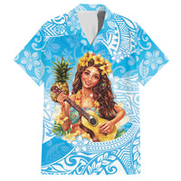 Aloha Hawaii Women's Day Family Matching Long Sleeve Bodycon Dress and Hawaiian Shirt Hula Girl With Ukulele Tropical Style LT14 Dad's Shirt - Short Sleeve Blue - Polynesian Pride