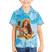 Aloha Hawaii Women's Day Family Matching Off Shoulder Long Sleeve Dress and Hawaiian Shirt Hula Girl With Ukulele Tropical Style LT14 Son's Shirt Blue - Polynesian Pride