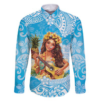 Aloha Hawaii Women's Day Family Matching Tank Maxi Dress and Hawaiian Shirt Hula Girl With Ukulele Tropical Style LT14 Dad's Shirt - Long Sleeve Blue - Polynesian Pride