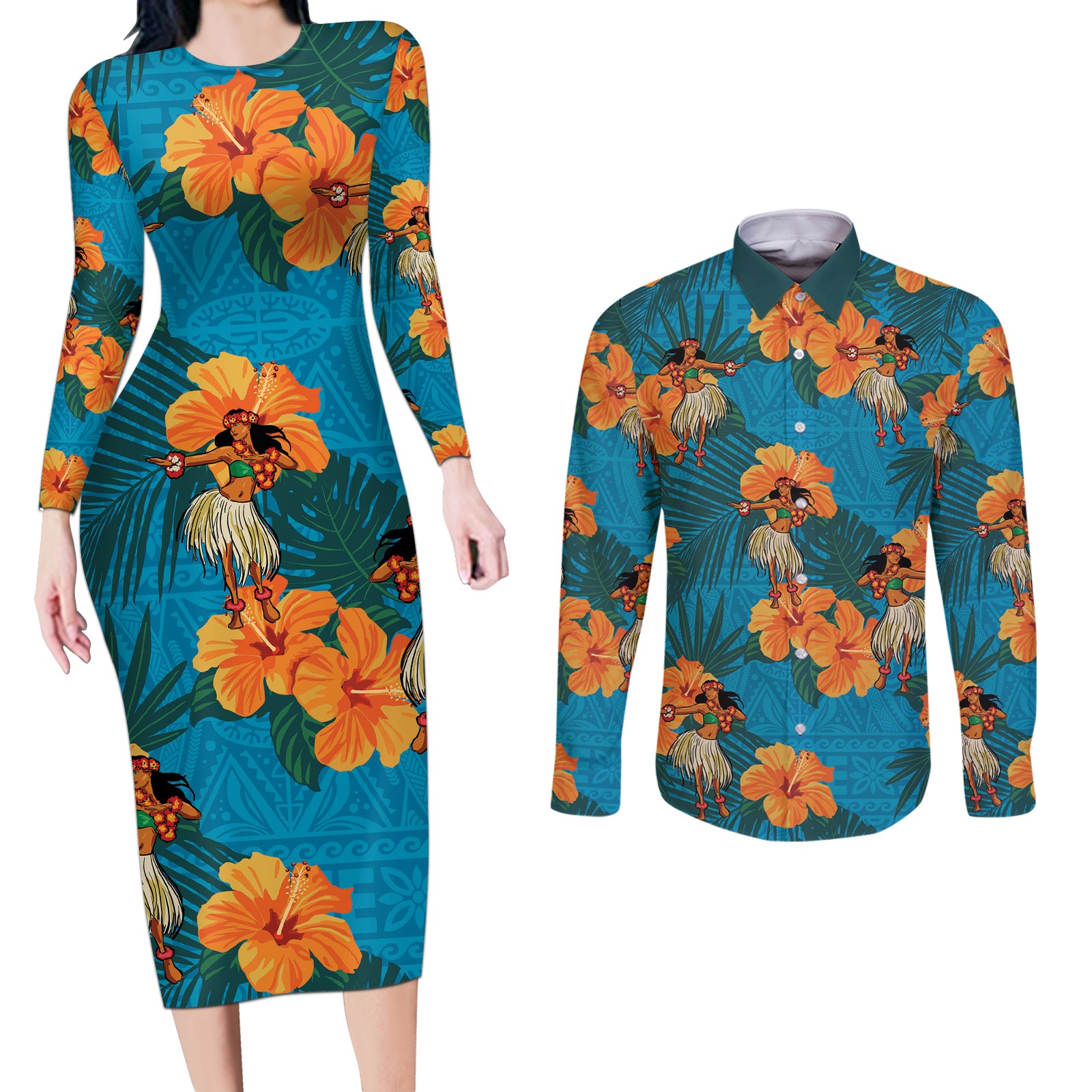 Hawaii Luau Party Couples Matching Long Sleeve Bodycon Dress and Long Sleeve Button Shirt Dancing Girl Tropical Flowers LT14 Blue - Polynesian Pride
