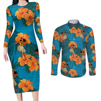Hawaii Luau Party Couples Matching Long Sleeve Bodycon Dress and Long Sleeve Button Shirt Dancing Girl Tropical Flowers LT14 Blue - Polynesian Pride