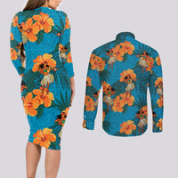 Hawaii Luau Party Couples Matching Long Sleeve Bodycon Dress and Long Sleeve Button Shirt Dancing Girl Tropical Flowers LT14 - Polynesian Pride