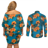 Hawaii Luau Party Couples Matching Off Shoulder Short Dress and Long Sleeve Button Shirt Dancing Girl Tropical Flowers LT14 - Polynesian Pride