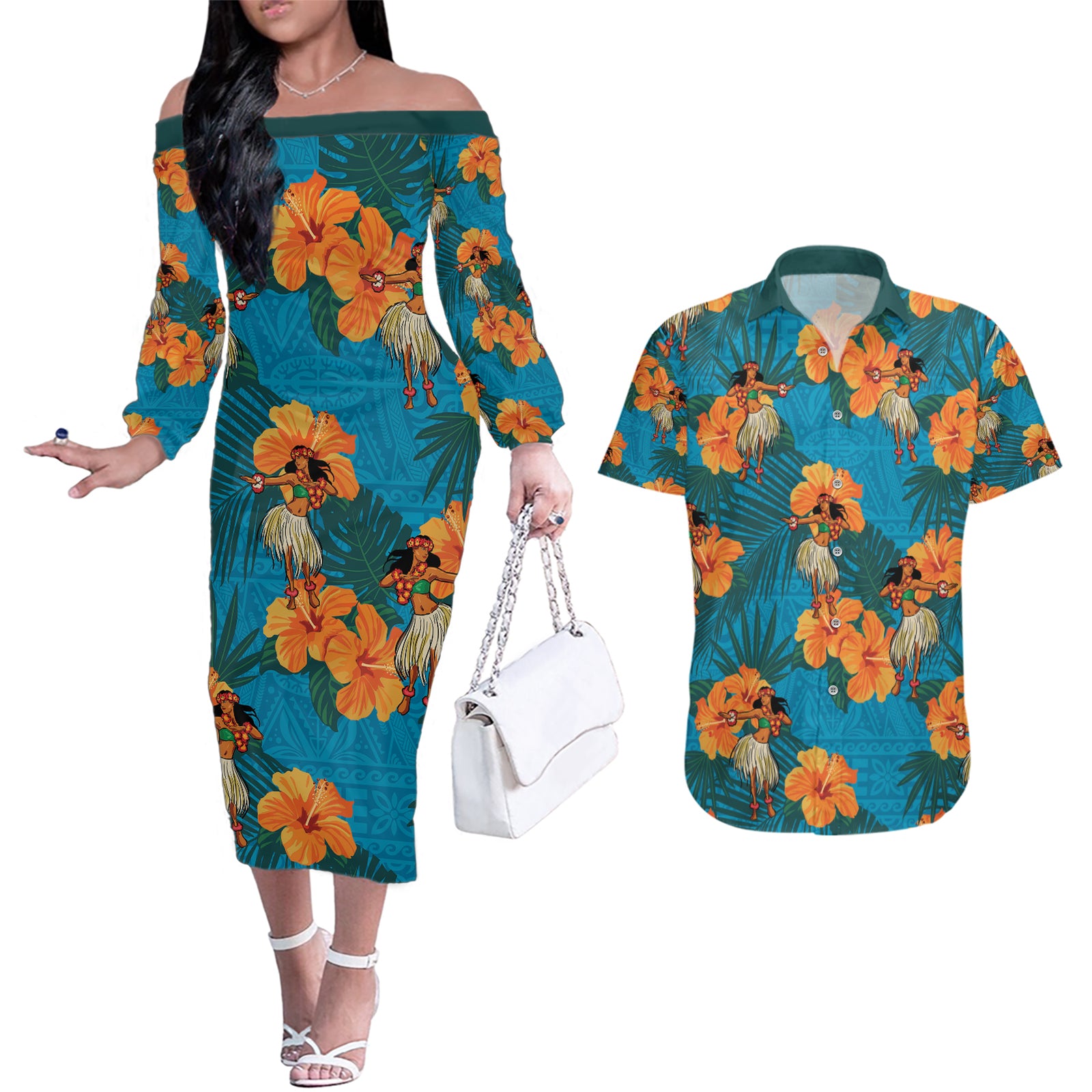 Hawaii Luau Party Couples Matching Off The Shoulder Long Sleeve Dress and Hawaiian Shirt Dancing Girl Tropical Flowers LT14 Blue - Polynesian Pride