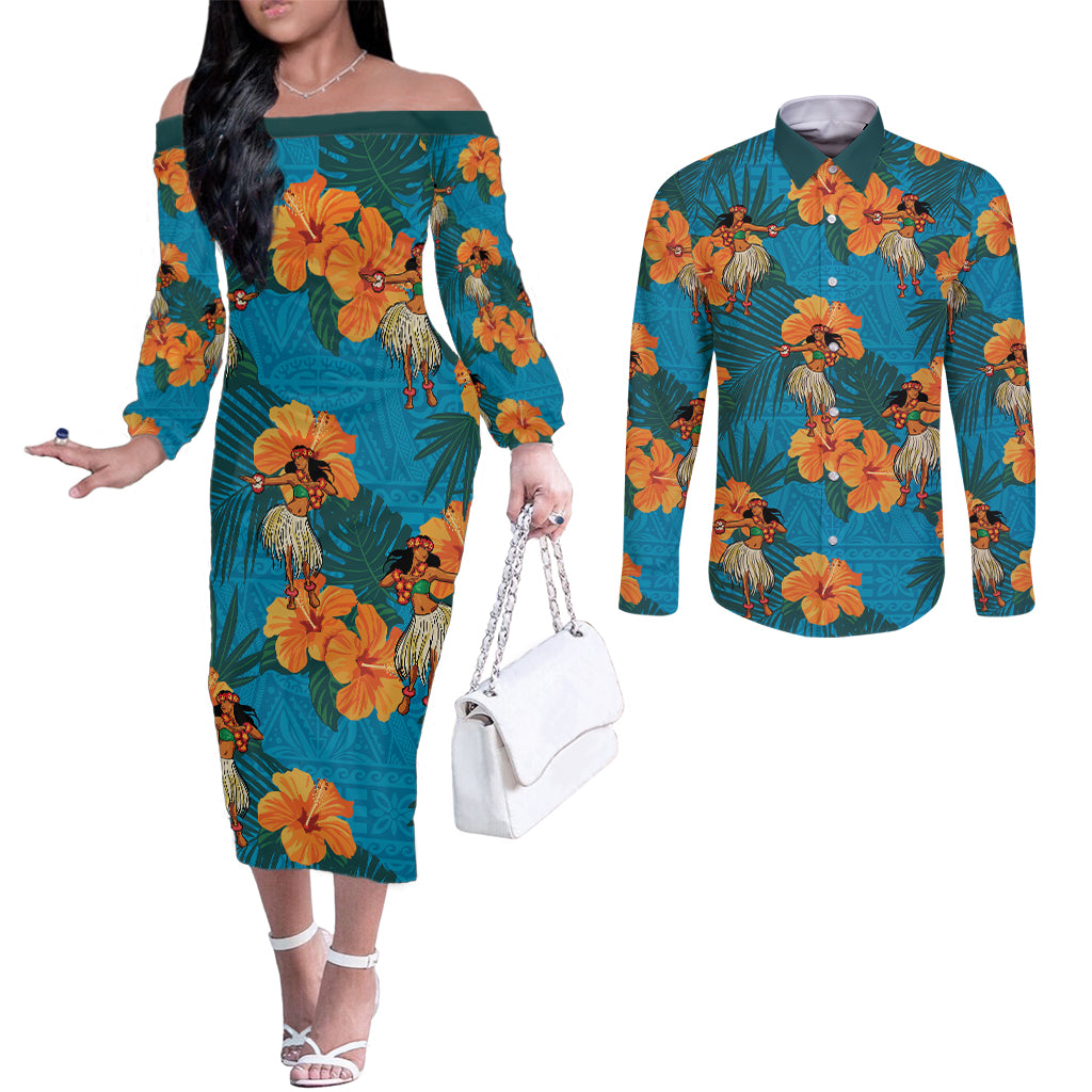 Hawaii Luau Party Couples Matching Off The Shoulder Long Sleeve Dress and Long Sleeve Button Shirt Dancing Girl Tropical Flowers LT14 Blue - Polynesian Pride