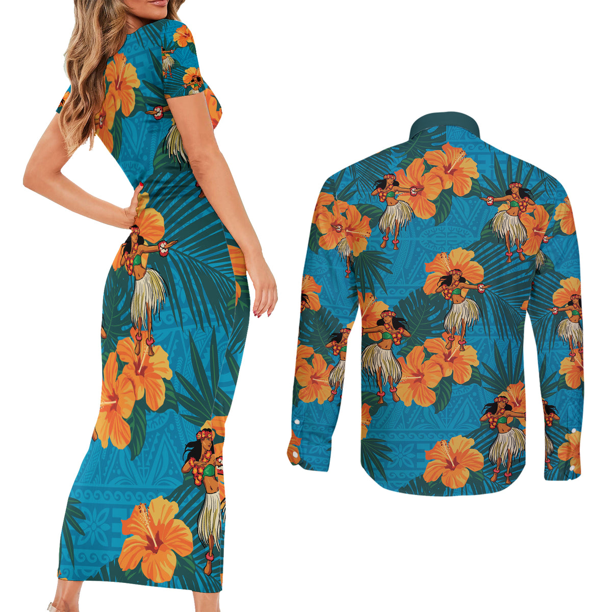 Hawaii Luau Party Couples Matching Short Sleeve Bodycon Dress and Long Sleeve Button Shirt Dancing Girl Tropical Flowers LT14 - Polynesian Pride