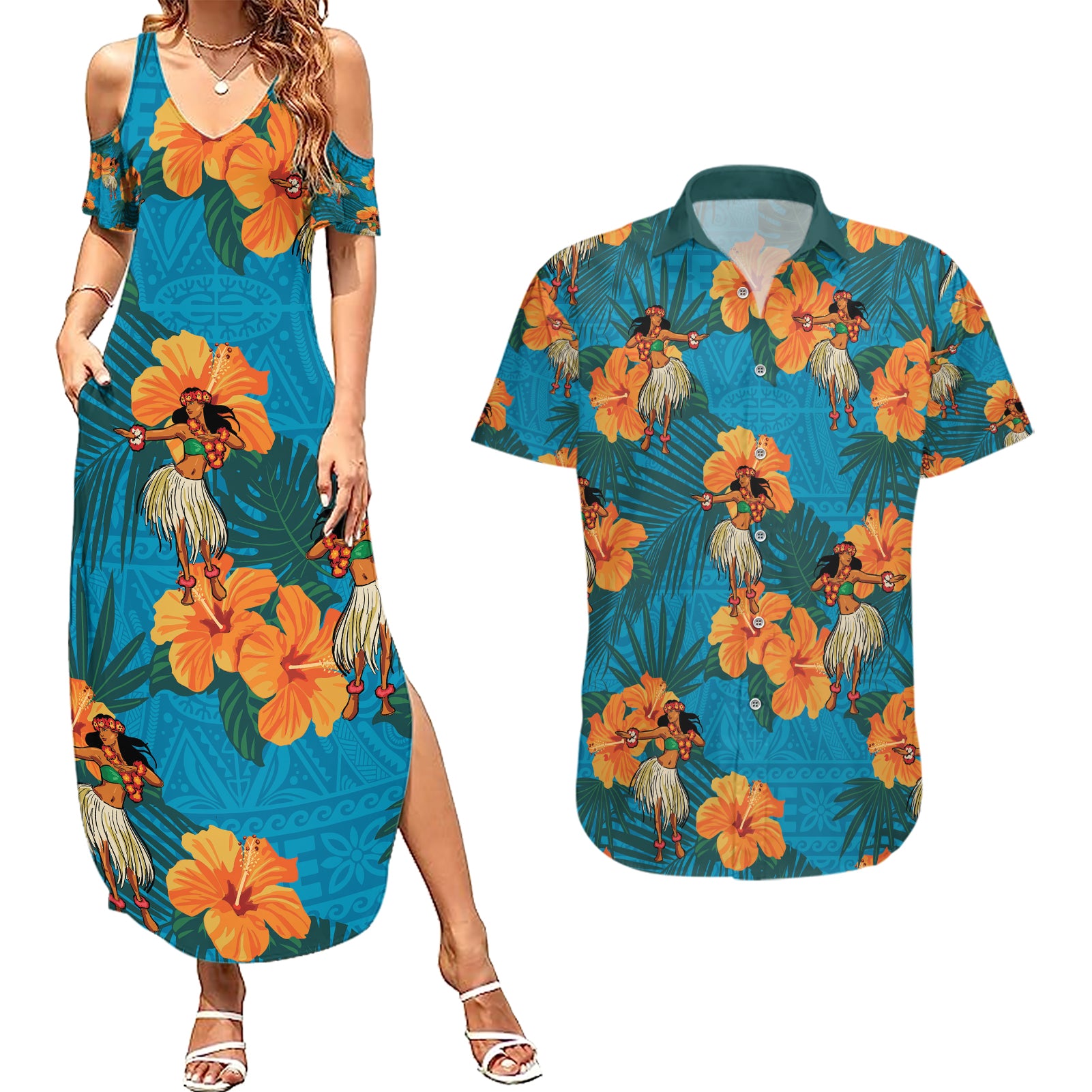 Hawaii Luau Party Couples Matching Summer Maxi Dress and Hawaiian Shirt Dancing Girl Tropical Flowers LT14 Blue - Polynesian Pride