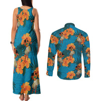 Hawaii Luau Party Couples Matching Tank Maxi Dress and Long Sleeve Button Shirt Dancing Girl Tropical Flowers LT14 - Polynesian Pride