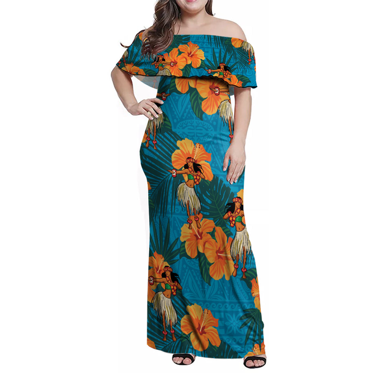 Hawaii Luau Party Family Matching Off Shoulder Maxi Dress and Hawaiian Shirt Dancing Girl Tropical Flowers LT14 Mom's Dress Blue - Polynesian Pride