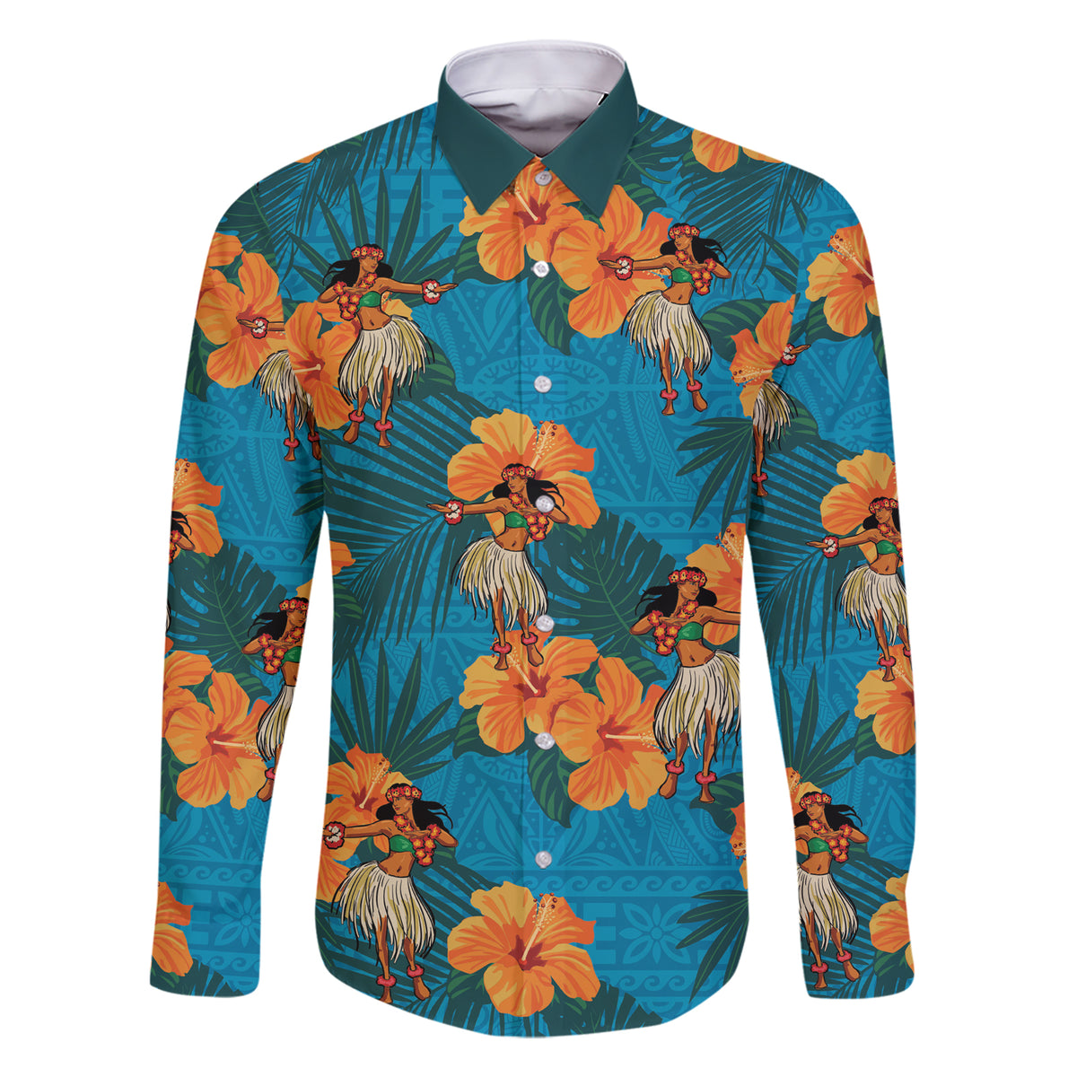 Hawaii Luau Party Family Matching Short Sleeve Bodycon Dress and Hawaiian Shirt Dancing Girl Tropical Flowers LT14 Dad's Shirt - Long Sleeve Blue - Polynesian Pride