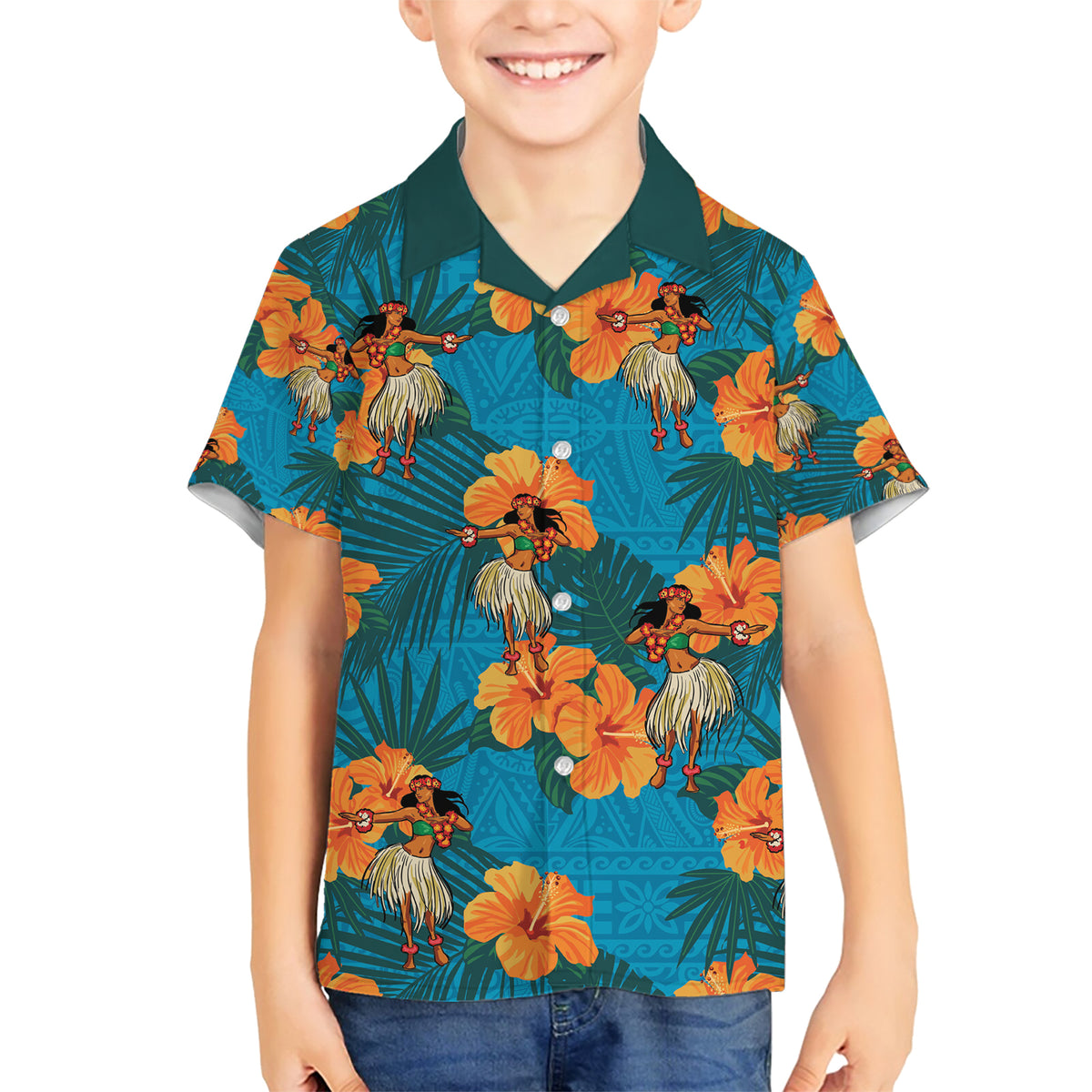 Hawaii Luau Party Family Matching Short Sleeve Bodycon Dress and Hawaiian Shirt Dancing Girl Tropical Flowers LT14 Son's Shirt Blue - Polynesian Pride