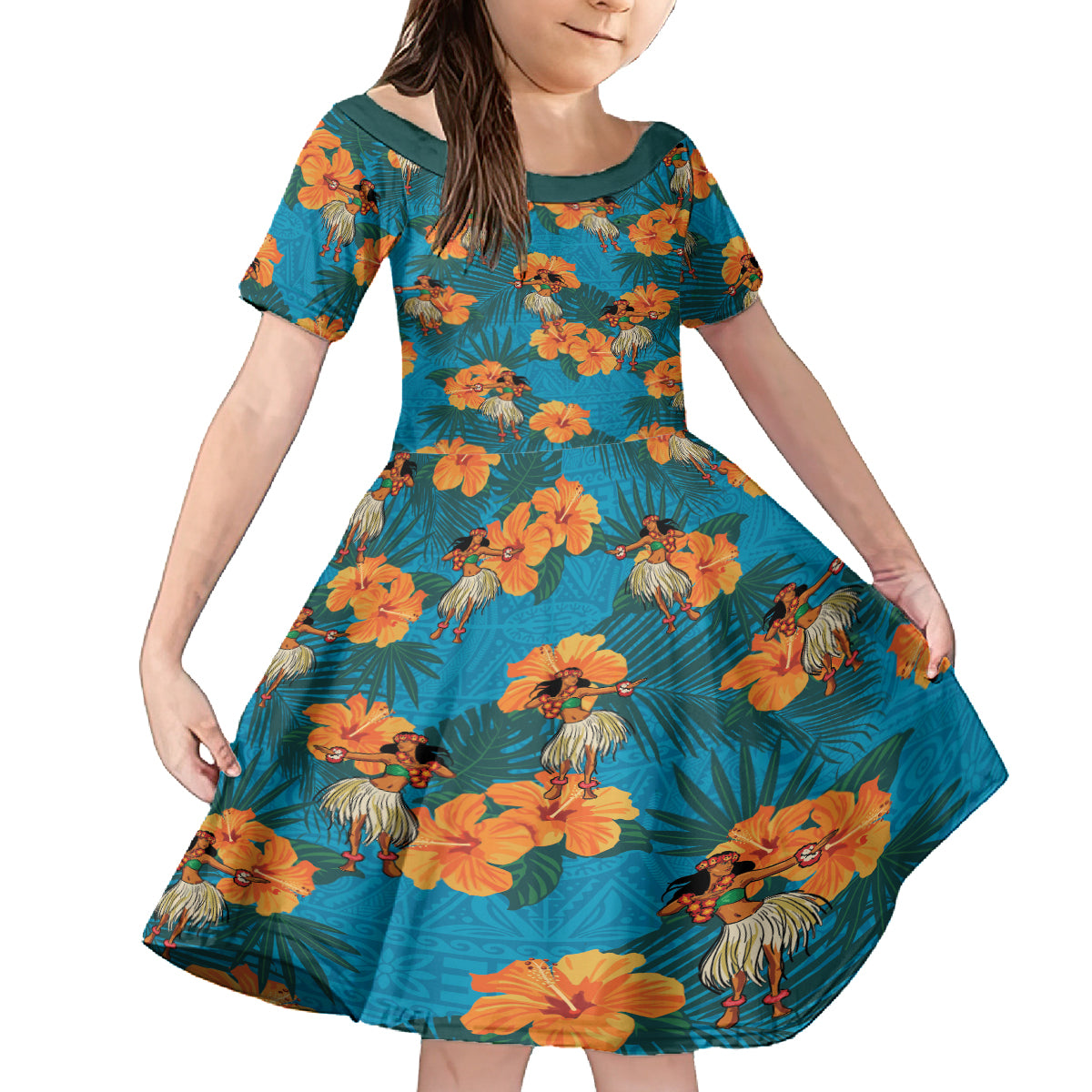 Hawaii Luau Party Family Matching Tank Maxi Dress and Hawaiian Shirt Dancing Girl Tropical Flowers LT14 Daughter's Dress Blue - Polynesian Pride
