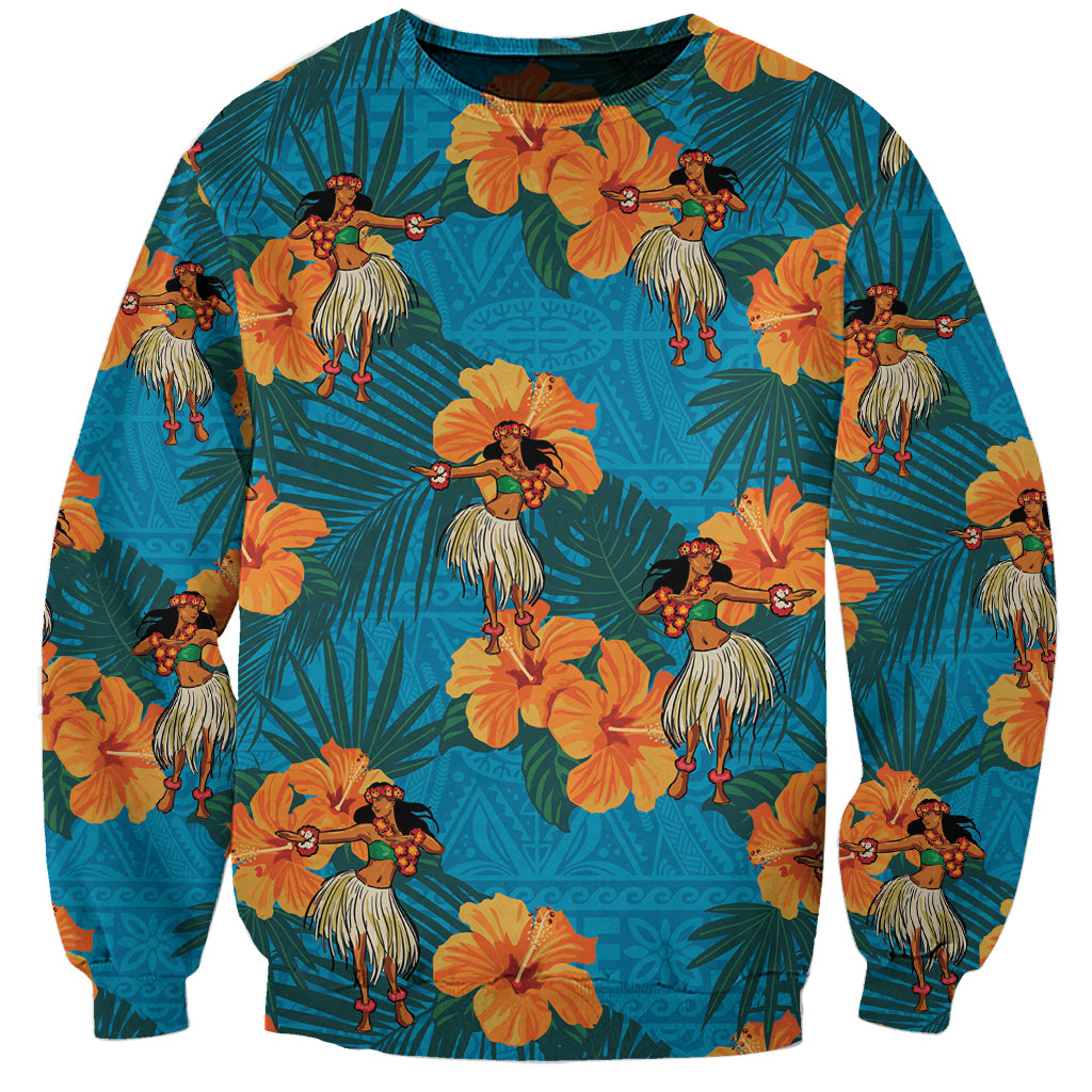 Hawaii Luau Party Sweatshirt Dancing Girl Tropical Flowers LT14 Unisex Blue - Polynesian Pride