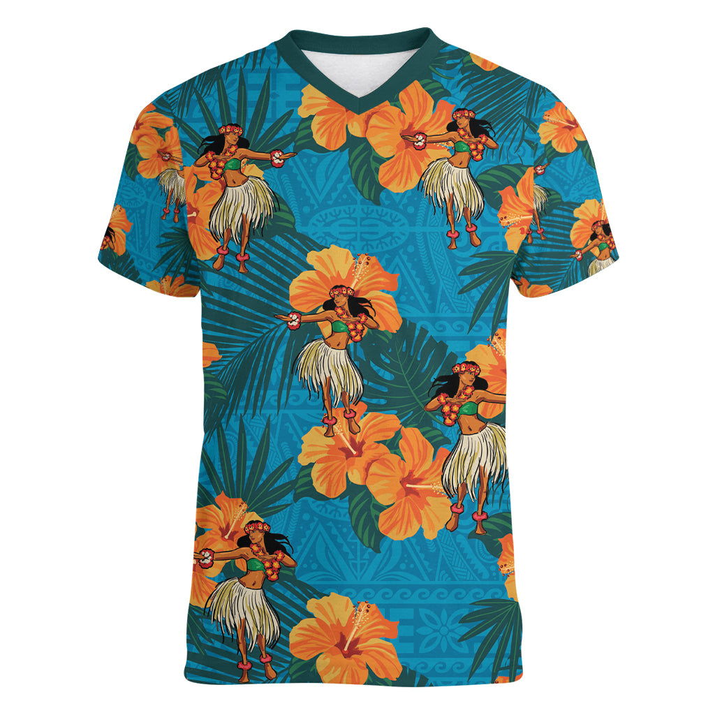 Hawaii Luau Party Women V Neck T Shirt Dancing Girl Tropical Flowers LT14 Female Blue - Polynesian Pride