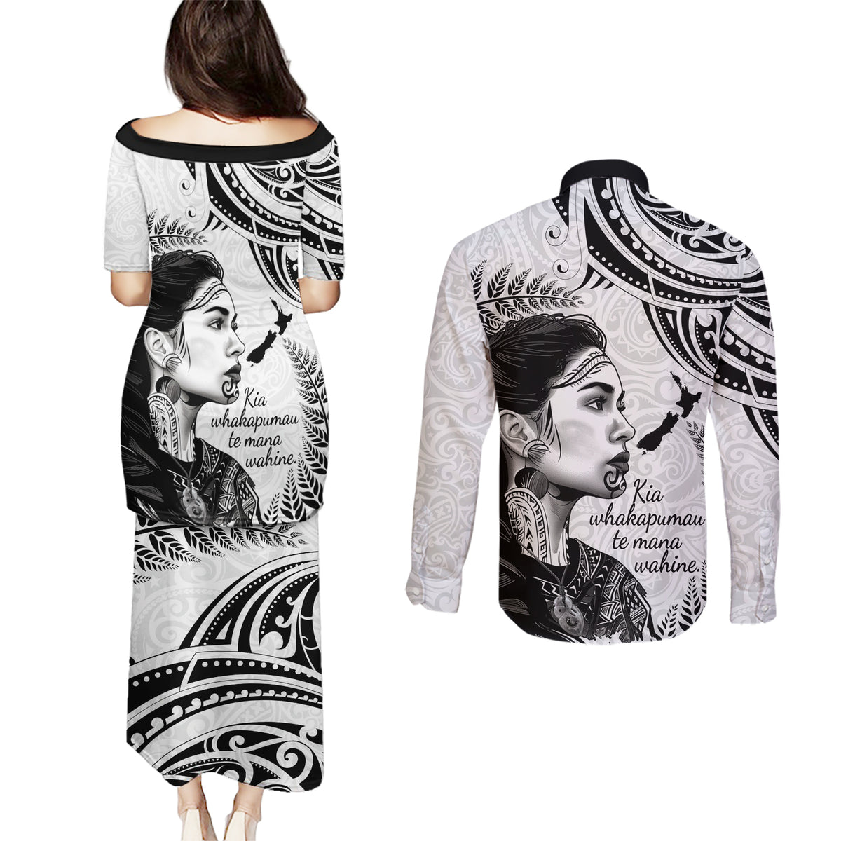 New Zealand Women's Day Couples Matching Puletasi and Long Sleeve Button Shirt Aotearoa Kia Whakapumau Te Mana Wahine LT14 - Polynesian Pride