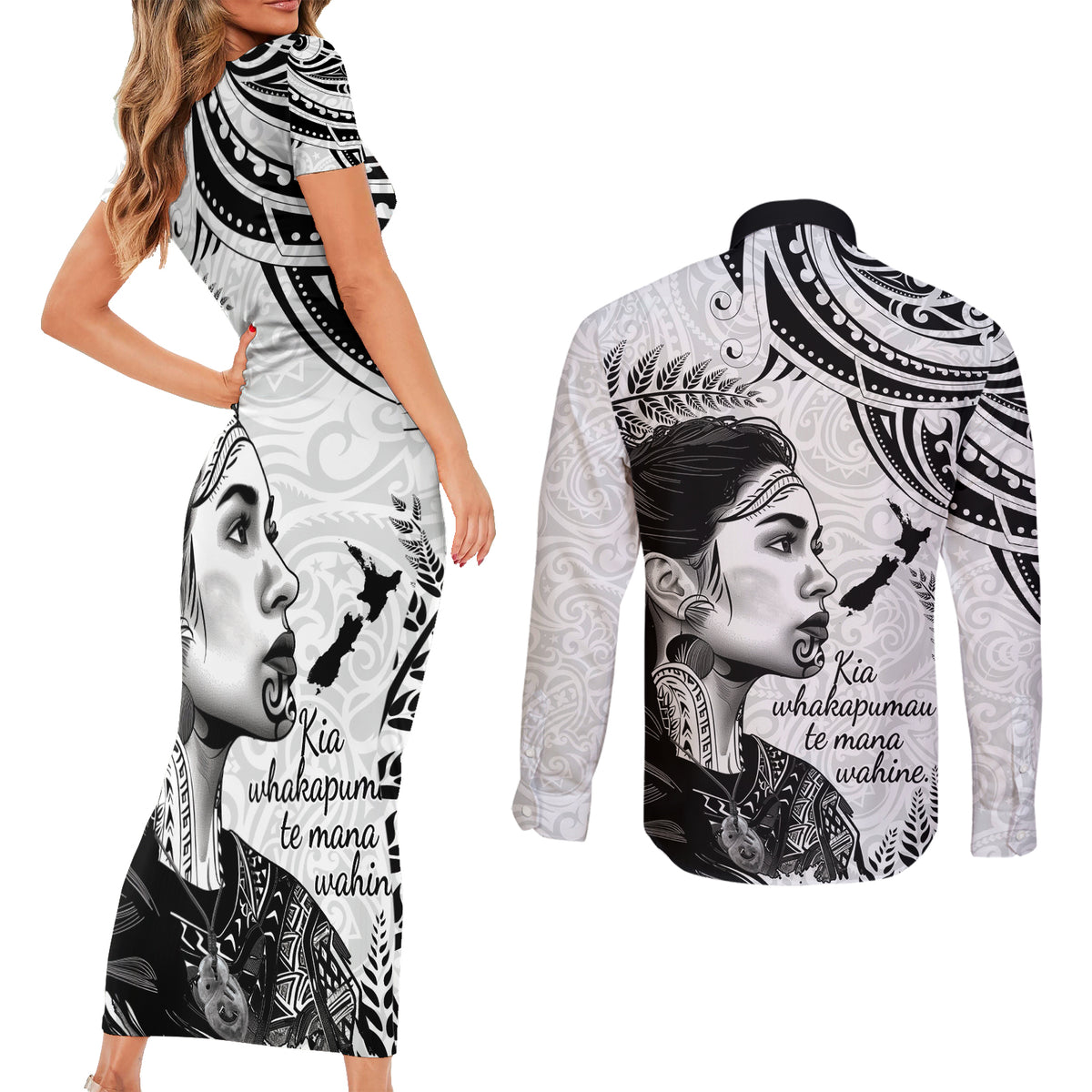 New Zealand Women's Day Couples Matching Short Sleeve Bodycon Dress and Long Sleeve Button Shirt Aotearoa Kia Whakapumau Te Mana Wahine LT14 - Polynesian Pride