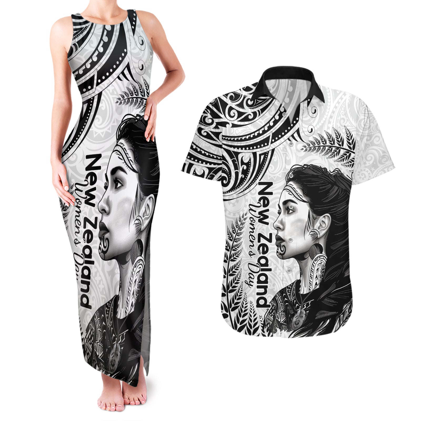 New Zealand Women's Day Couples Matching Tank Maxi Dress and Hawaiian Shirt Aotearoa Kia Whakapumau Te Mana Wahine LT14 White - Polynesian Pride