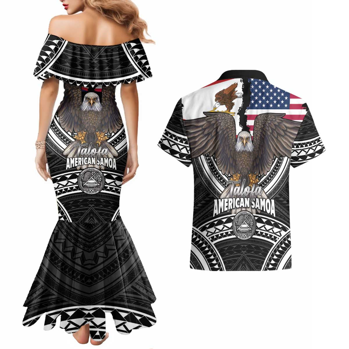 Talofa American Samoa Flag Day Couples Matching Mermaid Dress and Hawaiian Shirt Bald Eagle Polynesian Tattoo