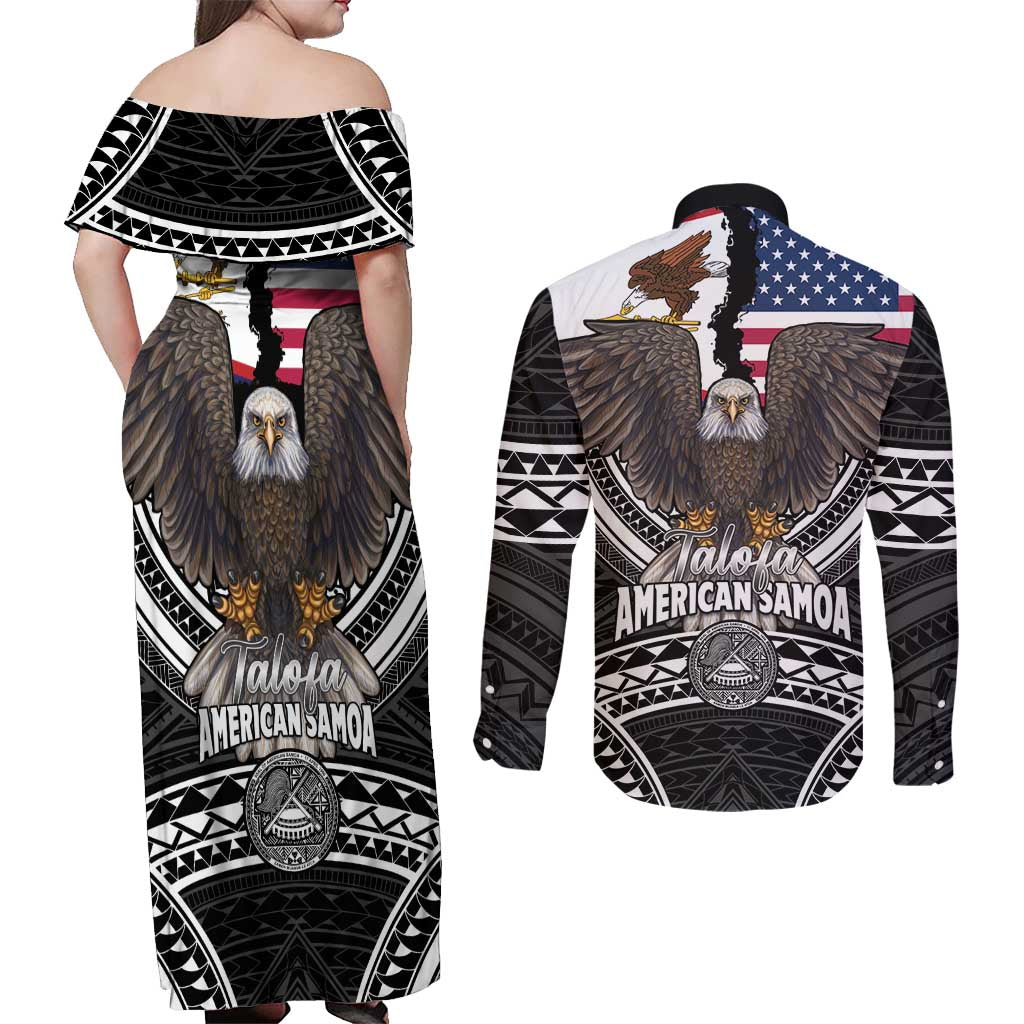 Talofa American Samoa Flag Day Couples Matching Off Shoulder Maxi Dress and Long Sleeve Button Shirt Bald Eagle Polynesian Tattoo