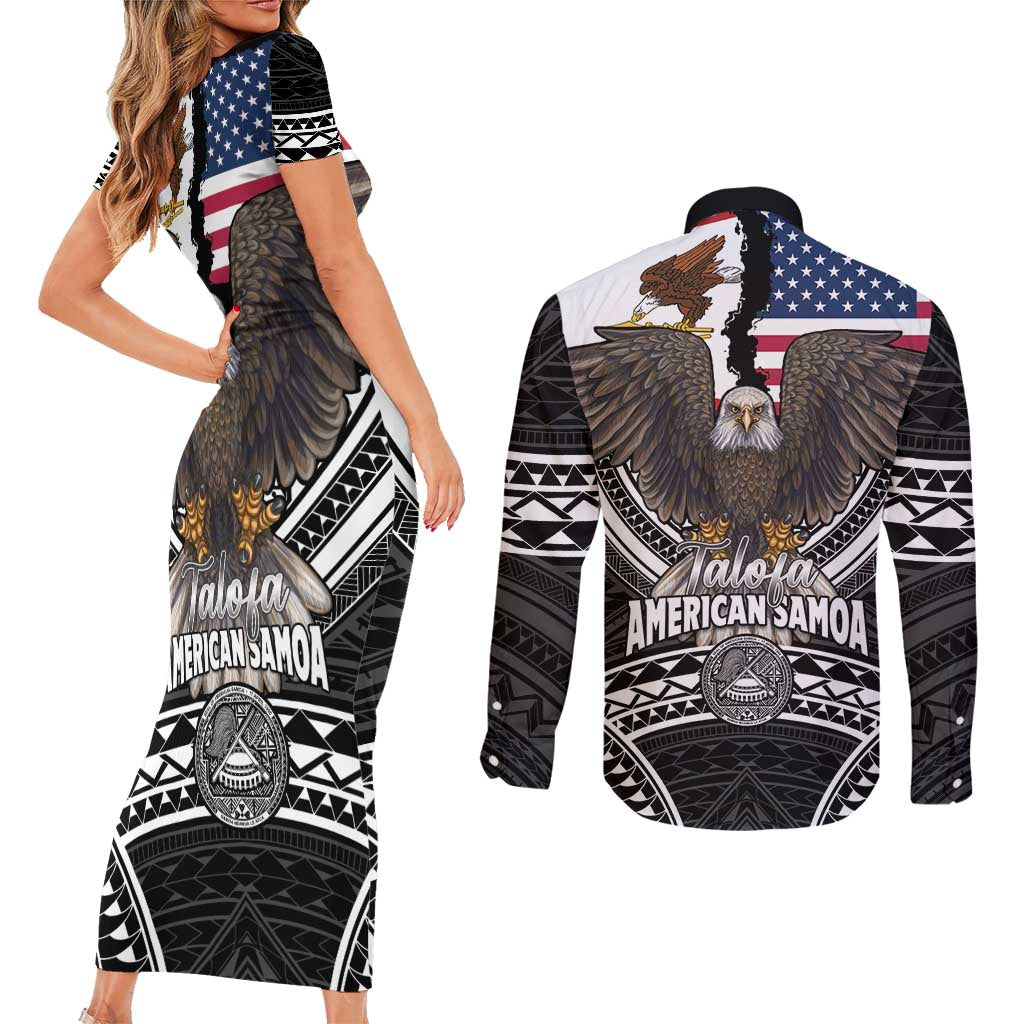 Talofa American Samoa Flag Day Couples Matching Short Sleeve Bodycon Dress and Long Sleeve Button Shirt Bald Eagle Polynesian Tattoo