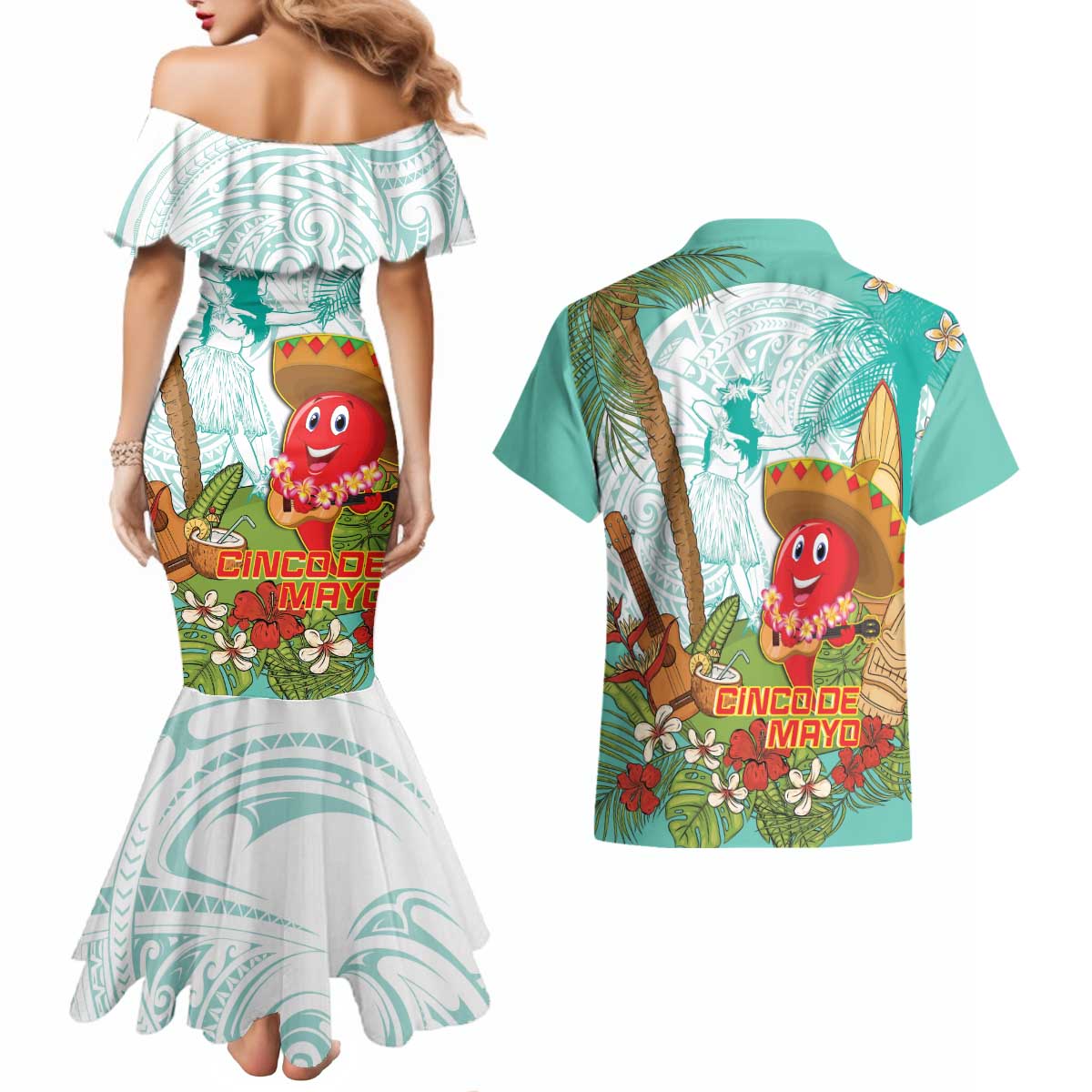 Hawaii Cinco de Mayo Couples Matching Mermaid Dress and Hawaiian Shirt Chili Pepper Hula Girl Tropical Vibes LT14 - Polynesian Pride