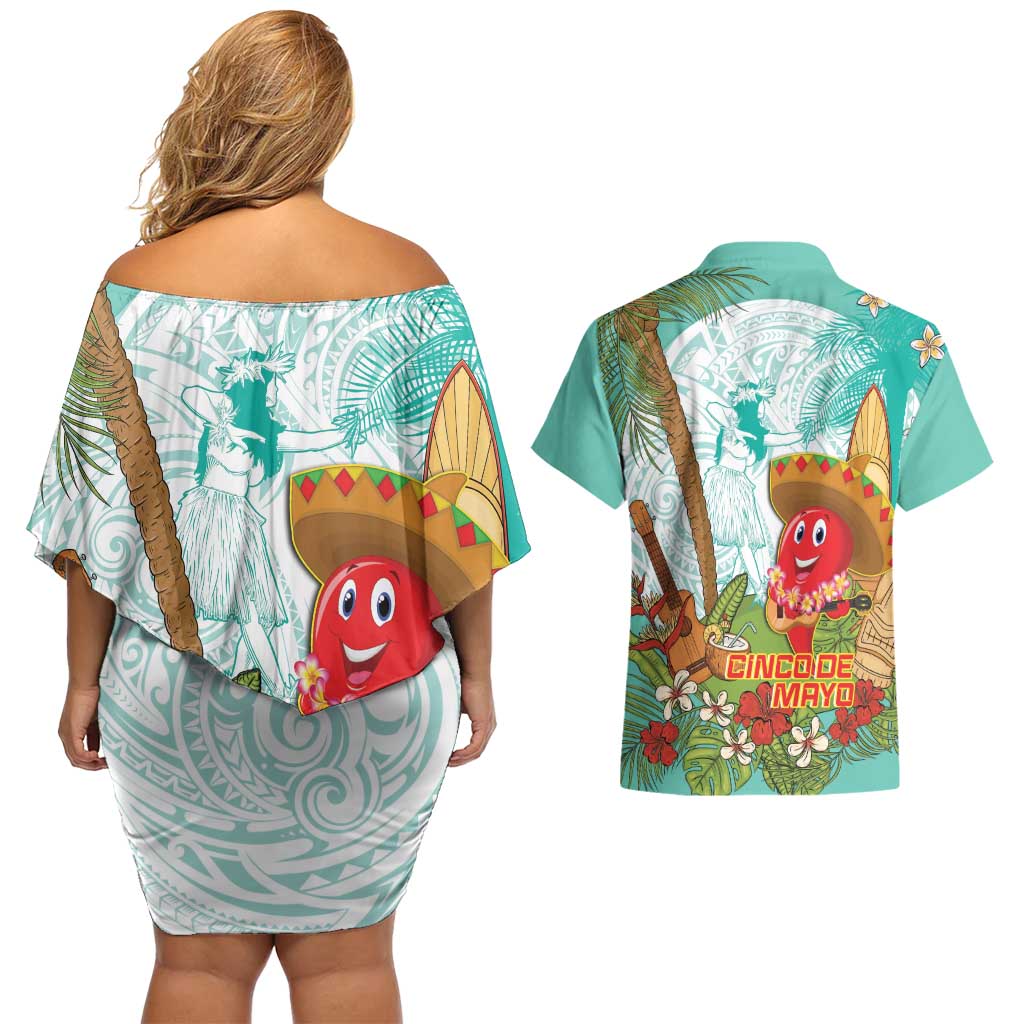 Hawaii Cinco de Mayo Couples Matching Off Shoulder Short Dress and Hawaiian Shirt Chili Pepper Hula Girl Tropical Vibes
