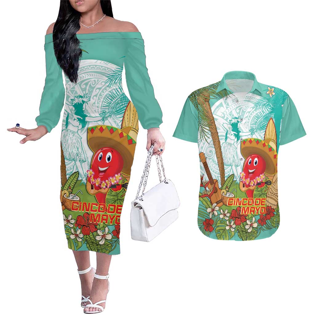 Hawaii Cinco de Mayo Couples Matching Off The Shoulder Long Sleeve Dress and Hawaiian Shirt Chili Pepper Hula Girl Tropical Vibes LT14 Turquoise - Polynesian Pride