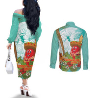 Hawaii Cinco de Mayo Couples Matching Off The Shoulder Long Sleeve Dress and Long Sleeve Button Shirt Chili Pepper Hula Girl Tropical Vibes LT14 - Polynesian Pride